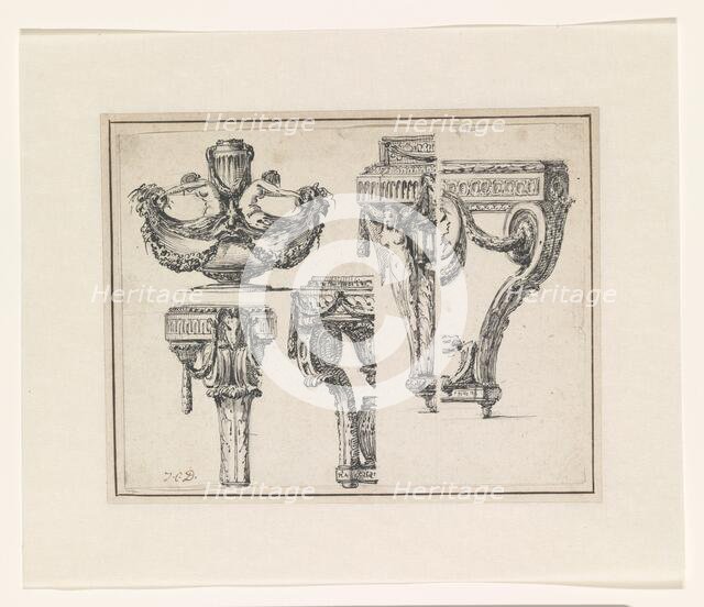 Two designs for tables, stands, a vase and a bowl on a stand, c.1765-c.1780. Creator: Jean Charles Delafosse.