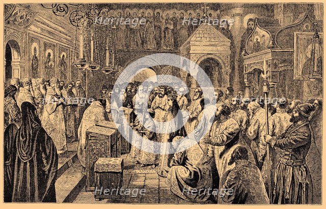 Coronation of the two Romanov children, Ivan V and Peter I, 1682, 19th century. Artist: Anonymous  