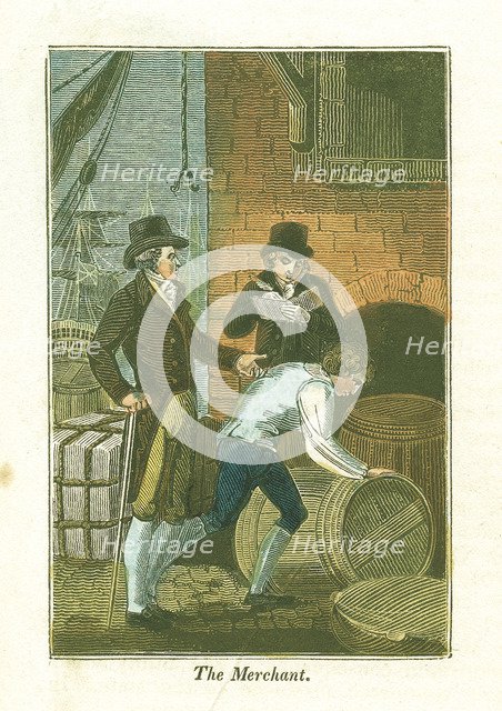 Merchant and his clerk at the dockside checking goods at a warehouse, 1823. Artist: Unknown