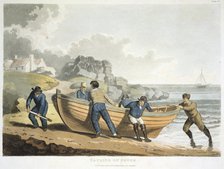 Seamen hauling a clinker-built dinghy up onto the shore, 1821. Artist: Unknown