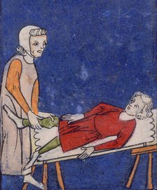 A woman setting a bone in a boy's leg, 14th century. Creator: Unknown.
