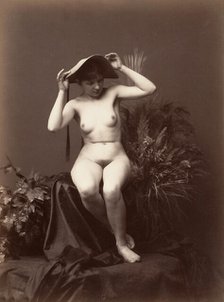 [Nude Woman with Hat in Studio], 1870s-90s. Creator: Unknown.