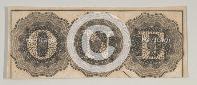 Banknote motif: the word ONE with each letter set against a circle of lathe work, c..., ca. 1824-42. Creator: Durand, Perkins & Co.