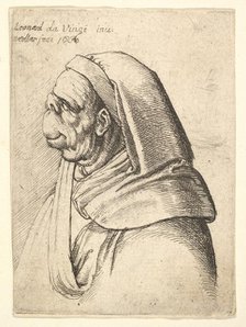 Bust of a man with a small turned-up nose and very high upper lip, wearing hood, in profil..., 1666. Creator: Wenceslaus Hollar.