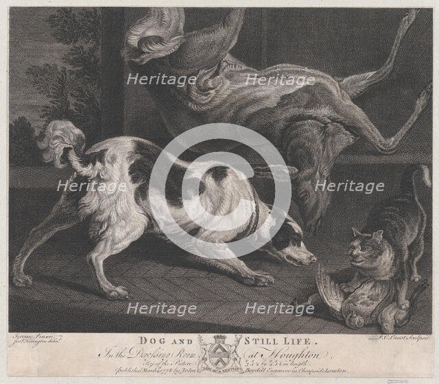 Dogs and Still Life, 1778. Creators: Pierre-Charles Canot, Joseph Farington.