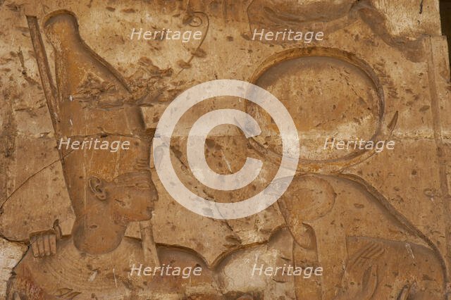 Relief of the Pharaoh with god Ra-Horakhty, Temple of Seti I, Abydos, Egypt, (2003). Creator: LTL.