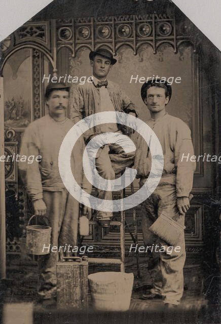 Three Painters, Arranged On and Around a Ladder, with Brushes, Bucket, and Paint Can, 1870s-80s. Creator: Unknown.