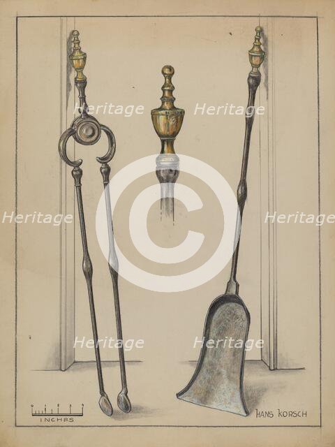 Fire Tongs, Shovel, and Jamb Hooks, c. 1936. Creator: Hans Korsch.