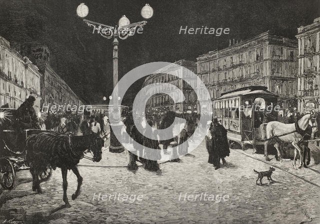 The Puerta del Sol (Gate of the Sun) illuminated by electric light, Madrid, Spain, 1878. Creators: Arturo Carretero y Sánchez, Josep Lluís Pellicer Feñé.