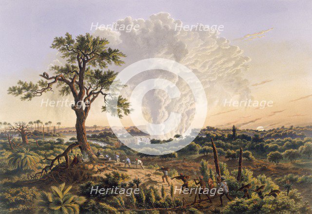 The Falls by Sunrise with the spray cloud rising 1,200 feet, pub. 1865.  Creator: Thomas Baines (1820-75).