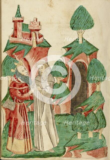 The Aged Josaphat Meets Barlaam; Barlaam und Josaphat, 1469. Creators: Hans Schilling, Diebolt Lauber.