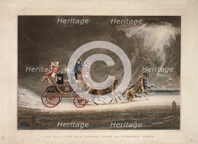 The mail coach in a thunderstorm on Newmarket Heath, Suffolk, 1827.  Artist: G Reeves
