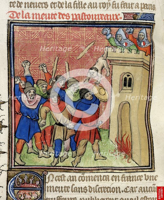Detail of a miniature of the Third Crusade of Pastoureaux. Jews throwing their children from a tower, after 1380. Artist: Virgil Master (active 1380-1420)