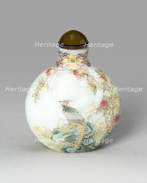 Snuff Bottle with Golden Pheasant, Swallows, Tree Peony, Apricot..., Qing dynasty, (1735-1796). Creator: Unknown.