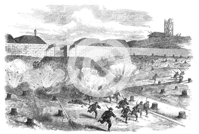 Bursting of Prussian shells within the Porte d'Auteuil, Paris, (sketch by balloon post), 1871. Creator: Unknown.