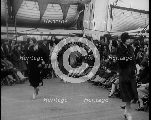 Female Civilians Modelling at a Fashion Show on the Deck of an Ocean Liner, 1926. Creator: British Pathe Ltd.