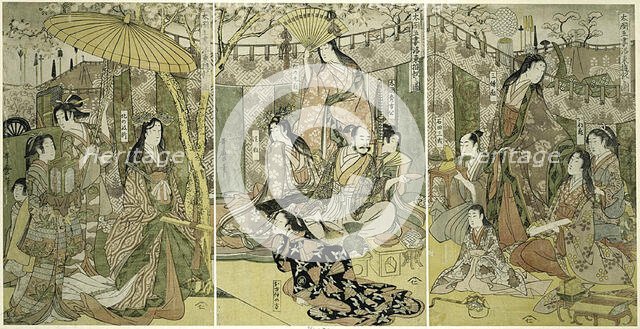Picture of Hideyoshi and his Five Wives Viewing Cherry Blossoms at Higashiyama..., Japan, c.1803/04. Creator: Kitagawa Utamaro.