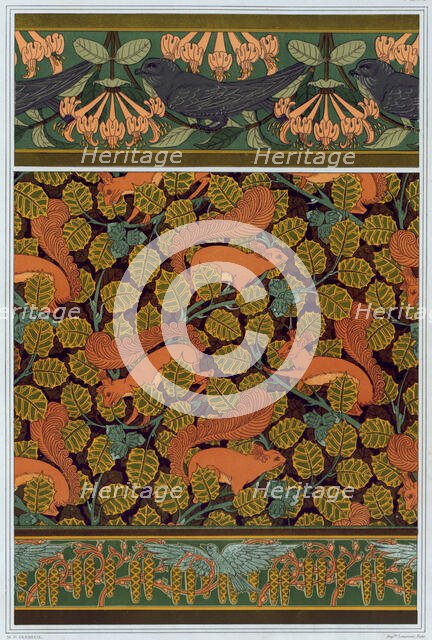 Swifts and honeysuckle. Squirrel and hazelnut. Birds and blooming hazel tree, 1897. Creator: Verneuil, Maurice Pillard (1869-1942).