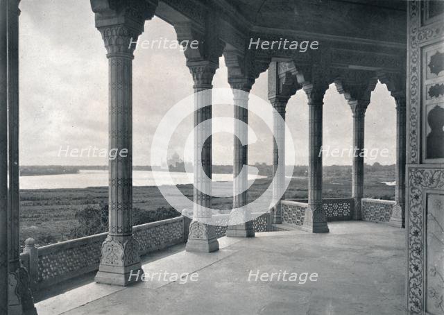 'Agra. Balcony of the Jasmine Tower, showing the Taj', c1910. Creator: Unknown.