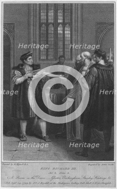 'King Richard III. Act 3. Scene 4. A Room in the Tower - Gloucester, Buckingham, Stanley, Hastings & Artist: Anker Smith.