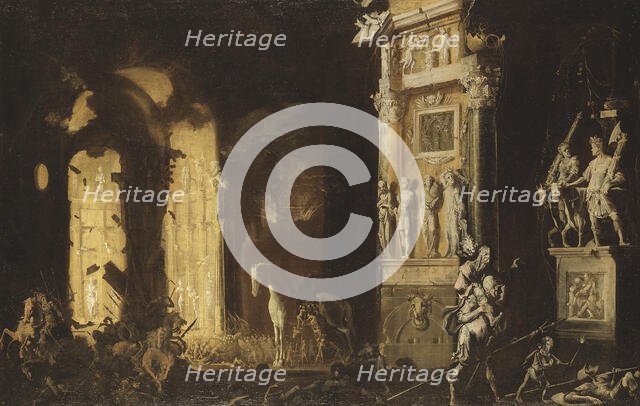 The Burning of Troy with the Flight of Aeneas and Anchises, early-mid 17th century. Creator: Francois de Nome.