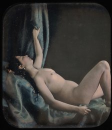 [Reclining Female Nude Posed as Danae], 1850s. Creator: Attributed to Bruno Braquehais (French, 1823?1875).