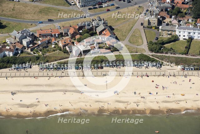 Beach huts on the sea front just below Gun Hill, Southwold, Suffolk, 2016. Creator: Damian Grady.