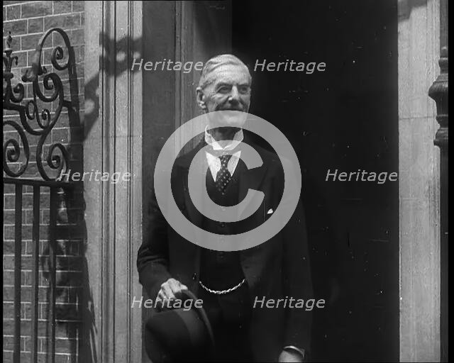 British Prime Minister Neville Chamberlain Leaving Number 10, Downing Street, for the Last Time,1940 Creator: British Pathe Ltd.