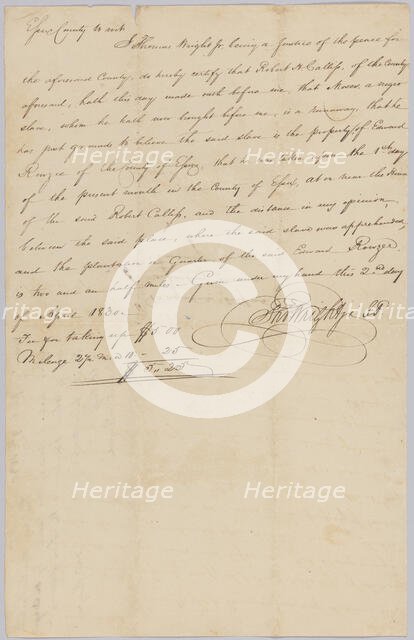 Affidavit of apprehension of Moses, property of Edward Rouzee, April 2, 1830. Creator: Unknown.
