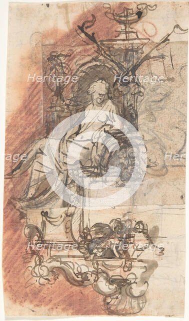Design for a sepulchral monument with a seated female figure; verso..., late 17th-early 18th century Creator: Peeter Verbrugghen II.