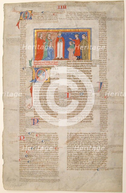 Manuscript Leaf with Marriage Scene, from Decretals of Gregory IX, Italian, ca. 1300. Creator: Unknown.