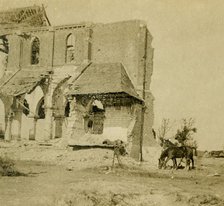 Horses grazing near ruined church, Frise, northern France, c1914-c1918. Artist: Unknown.