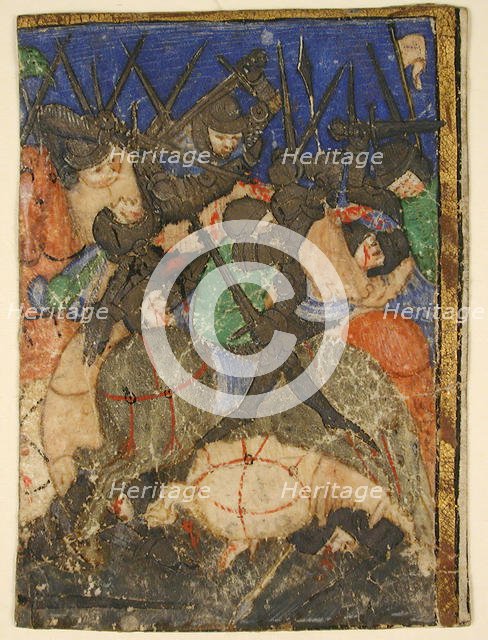 Manuscript Cutting Showing a Scene from Hebrew Scripture, Perhaps the Life of King David(?), c.1400. Creator: Unknown.