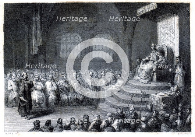16th or 17th Toledo Council (693-694) held during the reign of King Égica (687-702), engraving by…