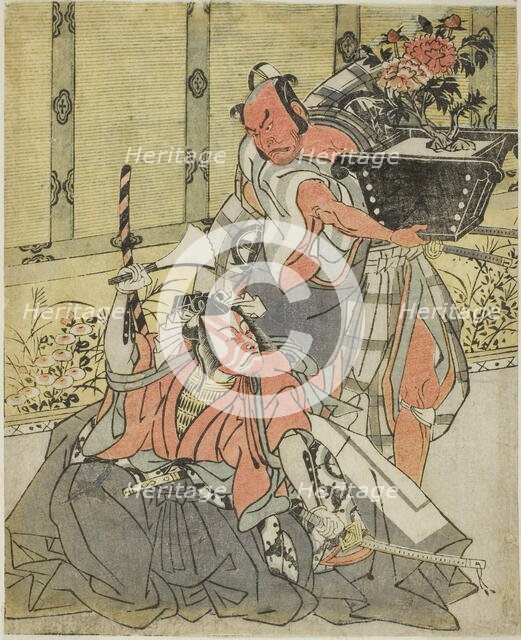 The Actors Otani Hiroemon III as Shinagawa Okaminosuke (right), and Ichikawa Danjuro..., c. 1771/72. Creator: Shunsho.