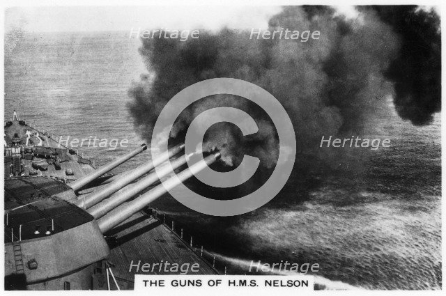 The guns of the battleship HMS 'Nelson' firing, 1937. Artist: Unknown