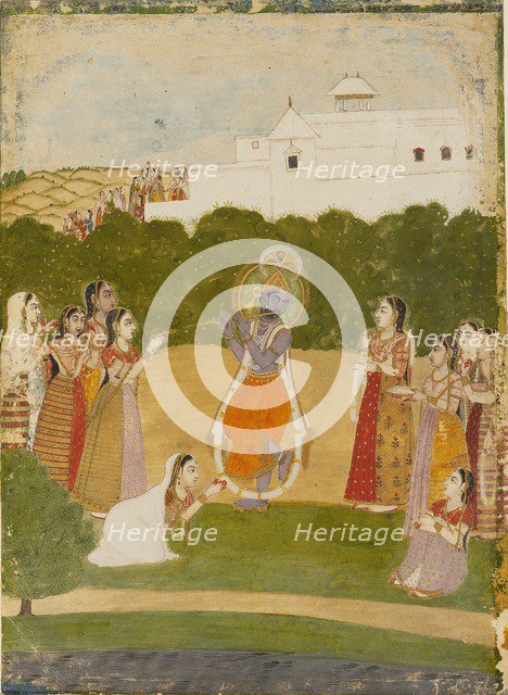 Krishna beside a river playing the flute, c1720. Artist: Unknown.