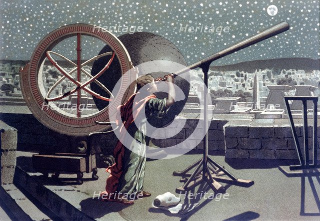 Hipparchus, Greek astronomer studying the stars at the observatory of Alexandria, lithograph, 1865.