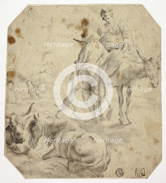 Woman and Child on Donkey, Man, Dogs, Horses, n.d. Creator: Unknown.