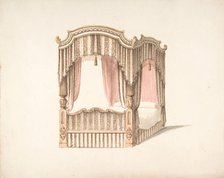 Design for a Curtained Four Poster Bed with Brown, Pink and White Striped..., early 19th century. Creator: Anon.
