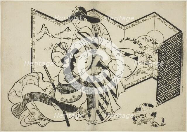 Lovers, a Cat, and a Mouse in front of a Folding Screen, c. 1684/98. Creator: Sugimura Jihei.