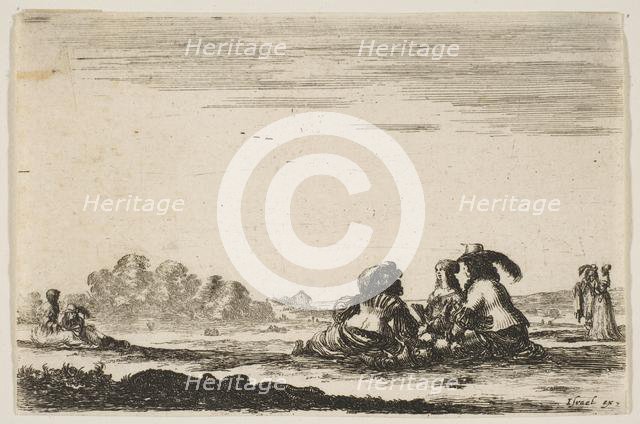 Plate 7: Two noblemen seated in center, seen from behind, conversing with a noblewoman sea..., 1642. Creator: Stefano della Bella.