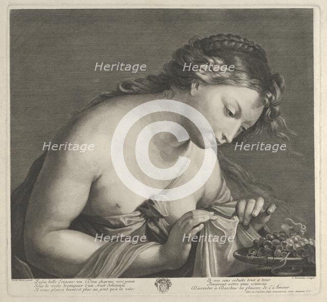 Erigone leaning over a platter of grapes and lifting a piece of cloth with both hands,..., ca. 1700. Creator: Cornelis Vermeulen.