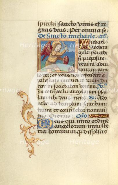 Archangel Michael and the Dragon; Poncher Hours, about 1500. Creator: Master of Jacques de Besancon.