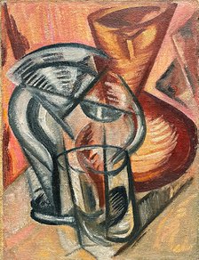 Ceramic vase and glass vessels, Early 1910s. Creator: Rozanova, Olga Vladimirovna (1886-1918).