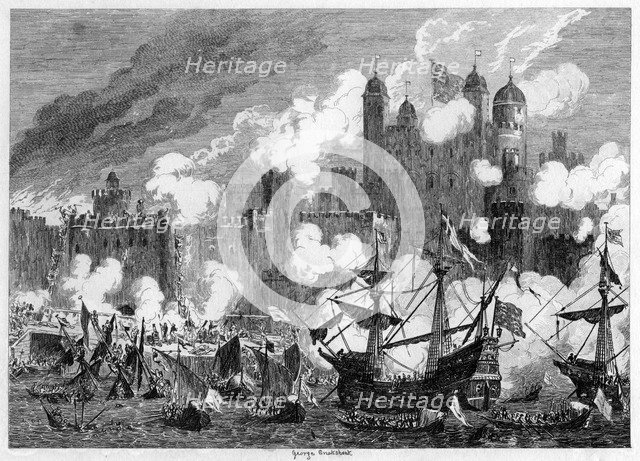 Attack upon Saint Thomas's Tower by the Duke of Suffolk, 1554 (1840).Artist: George Cruikshank