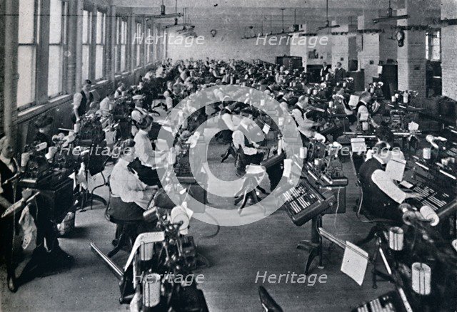 'A View of the Largest Battery of Composing Machines in the World', 1916. Artist: Unknown.