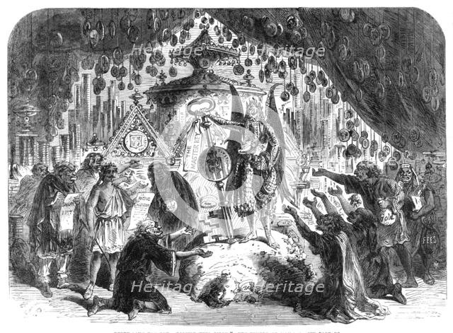 Scenes from the Christmas pantomimes:..."Little King Pippin" - the Temple of Mammon, 1865.  Creator: Unknown.
