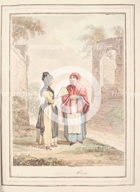 Bologna and Viterbo, leaf from 'A Collection of Dresses by David Allan Mostly from Nature', 1776. Creator: David Allan.