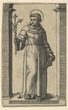 Saint Anthony of Padua standing, lilies in his raised right hand, a book in his ..., ca. 1500-1527. Creator: Marcantonio Raimondi.